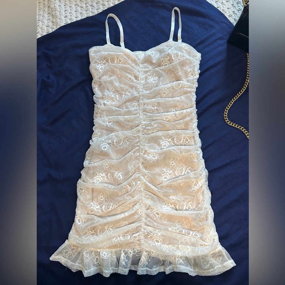 Windsor Wrapped In Lace Ruched Mini Dress